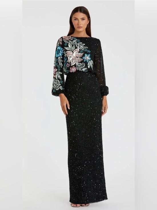 Mac Duggal Dresses & Skirts - Mac Duggal Black High Neckline Long Sleeve Sequin Floral Maxi Gown Dress